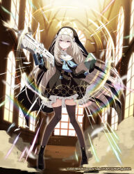 Rule 34 | 1girl, black footwear, black gloves, black headwear, blue archive, book, boots, breasts, brown thighhighs, closed mouth, dress, female focus, frills, full body, gloves, grey hair, gun, habit, hair between eyes, hat, holding, holding book, holding gun, holding weapon, indoors, knees together feet apart, long hair, long sleeves, medium breasts, neckerchief, nun, official art, pigeon-toed, rifle, sakurako (blue archive), shoes, smoke, solo, standing, thighhighs, very long hair, weapon, wixoss, yon (letter)
