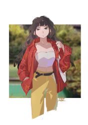 Rule 34 | 1girl, absurdres, bandeau, belt, blurry, blurry background, border, brown eyes, brown hair, closed mouth, collarbone, cropped legs, expressionless, hand in pocket, highres, jacket, long bangs, long sleeves, looking at viewer, midriff, navel, no pupils, nyansky, open clothes, open jacket, original, pants, plaid, plaid jacket, red jacket, sidelocks, signature, solo, straight-on, white bandeau, white border, yellow pants