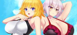 Rule 34 | 2girls, ahoge, armpits, arms behind head, arms up, bare shoulders, bikini, black bikini, black one-piece swimsuit, blonde hair, blue eyes, blue sky, blush, breasts, cleavage, closed mouth, collarbone, competition swimsuit, fate/grand order, fate (series), highres, huge breasts, jeanne d&#039;arc (fate), jeanne d&#039;arc (ruler) (fate), jeanne d&#039;arc alter (avenger) (fate), jeanne d&#039;arc alter (fate), large breasts, looking at viewer, multiple girls, one-piece swimsuit, open mouth, short hair, silver hair, sky, swimsuit, two-tone swimsuit, vibncent, white one-piece swimsuit, yellow eyes