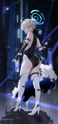 Rule 34 | 1girl, absurdres, ass, back, black leotard, blonde hair, blue archive, building, halo, highres, joacy, kneepits, leotard, night, night sky, sky, solo, thigh strap, thighhighs, toki (blue archive), v