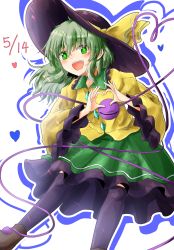 Rule 34 | 1girl, :d, black footwear, black hat, black socks, boots, commentary request, dated, feet out of frame, frilled shirt collar, frilled sleeves, frills, green eyes, green hair, green skirt, hair between eyes, hat, hat ribbon, heart, heart hands, heart of string, highres, kneehighs, koishi day, komeiji koishi, long hair, long sleeves, looking at viewer, open mouth, oshiaki, outline, petticoat, ribbon, shirt, silhouette, simple background, skirt, smile, socks, solo, third eye, touhou, white background, white outline, wide sleeves, yellow ribbon, yellow shirt
