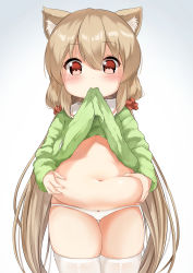 Rule 34 | 1girl, animal ear fluff, belly grab, blush, bow, bow panties, brown hair, clothes in mouth, clothes lift, gradient background, green shirt, grey background, hair between eyes, hair ornament, hair scrunchie, highres, long hair, looking at viewer, low twintails, mouth hold, navel, no pants, original, panties, plump, red eyes, red scrunchie, sailor collar, scrunchie, shirt, shirt in mouth, shirt lift, solo, sora (silent square), thighhighs, twintails, underwear, very long hair, white background, white panties, white sailor collar, white thighhighs