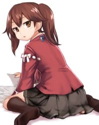 Rule 34 | 3girls, arm support, bow, brown eyes, brown hair, brown legwear, brown skirt, commentary, fairy (kancolle), from behind, hair bow, hair ornament, hair tie, japanese clothes, kantai collection, leaning forward, long hair, long sleeves, looking back, magatama, multiple girls, ryuujou (kancolle), sitting, skirt, soles, twintails, utopia, wariza, white background