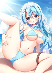 Rule 34 | 1girl, :d, bare arms, bare shoulders, beach, bikini, blue bikini, blue eyes, blue hair, blue sky, blush, breasts, character request, cloud, commentary request, commission, day, feet out of frame, hair between eyes, highres, horizon, large breasts, leg up, long hair, looking at viewer, mauve, navel, ocean, open mouth, outdoors, pixiv commission, sand, see-through, sky, smile, solo, spread legs, sunlight, swimsuit, talesshop, veil, very long hair, water