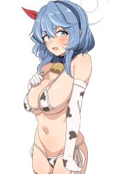 Rule 34 | 1girl, absurdres, ako (blue archive), animal print, arm at side, bare shoulders, bikini, blue archive, blue eyes, blue hair, blue hairband, blue halo, blush, breasts, cleavage, cow print, cow print bikini, elbow gloves, gloves, hair ornament, hairband, halo, hand up, highres, large breasts, looking at viewer, medium hair, navel, open mouth, print bikini, seihekiog, side-tie bikini bottom, simple background, solo, stomach, swimsuit, thighhighs, underboob, white background, white bikini, white gloves