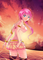 Rule 34 | 10s, 1girl, alternate costume, bare shoulders, beach, bikini, blue eyes, breasts, final fantasy, final fantasy xiii, final fantasy xiii-2, highres, long hair, looking at viewer, looking back, partially submerged, pink bikini, pink hair, roland-gin, serah farron, side ponytail, sideboob, smile, solo, standing, stomach, sunset, swimsuit, water