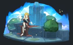 Rule 34 | 1girl, absurdres, blonde hair, book, bush, closed mouth, commentary, cross, crossed legs, dress, fountain, full body, gloves, high heels, high priest (ragnarok online), highres, holding, holding book, long hair, long sleeves, looking at viewer, ragnarok online, red dress, red eyes, red footwear, smile, solo, tack (tack1031), thighhighs, two-tone dress, white dress, white gloves, white thighhighs
