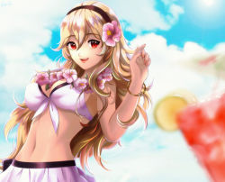 Rule 34 | 1girl, bare shoulders, blurry, blush, bracelet, breasts, brown hair, corrin (female) (fire emblem), corrin (female) (summer) (fire emblem), corrin (fire emblem), esther shen, fire emblem, fire emblem awakening, fire emblem fates, fire emblem heroes, flower, hair between eyes, hair flower, hair ornament, hairband, jewelry, large breasts, long hair, looking at viewer, medium breasts, navel, nintendo, official alternate costume, open mouth, red eyes, solo, swimsuit, upper body