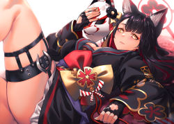 Rule 34 | 1girl, animal ear fluff, animal ears, black gloves, black hair, black kimono, blue archive, blurry, breasts, cleavage, colored inner hair, commentary, cowboy shot, depth of field, extra ears, fingerless gloves, floral print, fox ears, fox mask, gloves, grey sailor collar, hair spread out, halo, hand up, highres, holding, holding mask, japanese clothes, kimono, kimono skirt, large breasts, leg up, long hair, long sleeves, looking at viewer, lying, mask, mikel (4hands), multicolored hair, obi, obiage, on back, parted lips, print kimono, red hair, sailor collar, sash, sleeves past wrists, smile, solo, thigh strap, two-tone hair, wakamo (blue archive), white background, wide sleeves, yellow eyes