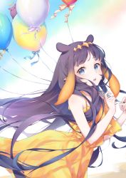 Rule 34 | 1girl, :o, absurdres, aeon ion, alternate costume, animal ears, balloon, blue eyes, dress, gradient hair, halo, headpiece, highres, holding, holding balloon, hololive, hololive english, long hair, looking at viewer, multicolored hair, ninomae ina&#039;nis, open mouth, orange hair, pointy ears, purple hair, ribbon, sidelocks, sleeveless, sleeveless dress, solo, surprised, takodachi (ninomae ina&#039;nis), tentacle hair, very long hair, virtual youtuber, yellow dress