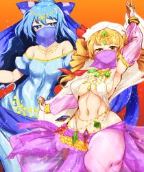 Rule 34 | 2girls, alternate costume, arabian clothes, arm up, bangle, bare shoulders, blue bow, blue eyes, blue hair, blush, bow, bracelet, breasts, bright pupils, collarbone, commentary request, covered mouth, covered navel, dancer, detached sleeves, drill hair, eyelashes, fingernails, gold bracelet, gold trim, hair bow, hair ribbon, hat, hat bow, highres, jewelry, long hair, looking at viewer, looking to the side, medium breasts, medium hair, multiple girls, navel, necklace, no bra, orange eyes, orange hair, pandain, ponytail, puffy sleeves, red bow, ribbon, ring, see-through, see-through sleeves, siblings, sideboob, sidelocks, sisters, smile, sparkle, standing, stomach, thighs, tiara, touhou, tress ribbon, veil, white headwear, white pupils, yorigami jo&#039;on, yorigami shion