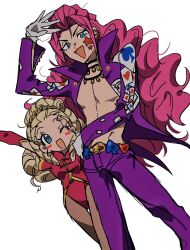 Rule 34 | 1boy, 1girl, :d, ace attorney, arm up, blonde hair, blue eyes, breasts, card, club (shape), commentary request, curly hair, detached sleeves, earrings, grgrton, heart, highres, jacket, jewelry, joker (playing card), leotard, lipstick, long hair, long sleeves, looking at viewer, makeup, max galactica, medium breasts, multiple earrings, necklace, one eye closed, open clothes, open jacket, open mouth, pants, pantyhose, phoenix wright: ace attorney - justice for all, playing card, playing card theme, purple jacket, purple pants, red leotard, red lips, regina berry, simple background, smile, spade (shape), standing, star sticker, sticker on face, tiara, v-shaped eyebrows, white background