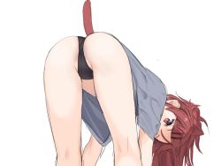 Rule 34 | 1girl, animal ears, ass, black panties, cat ears, cat girl, cat tail, chigusa asuha, extra ears, grey shirt, hair ornament, hairclip, kemonomimi mode, long hair, looking at viewer, panties, qualidea code, red eyes, red hair, sekiya asami, shirt, simple background, solo, standing, tail, thighs, top-down bottom-up, underwear, white background