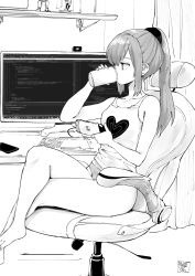 Rule 34 | 1girl, armchair, barefoot, camisole, cellphone, chair, commentary, crossed legs, cup, curtains, drinking, english commentary, figure, from side, greyscale, heart, heart print, high ponytail, highres, holding, holding cup, indoors, keyboard (computer), long hair, melissa renata, monitor, monochrome, nintendo switch, norman maggot, office chair, original, panties, phone, ponytail, profile, programming, signature, sitting, smartphone, solo, swivel chair, toenails, underwear, underwear only