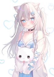 Rule 34 | 1girl, animal ears, bare shoulders, black choker, blue eyes, blush, breasts, cat ears, character request, choker, cleavage, closed mouth, commission, copyright request, hair ornament, hair ribbon, hairclip, hakua aa, heart, highres, holding, holding stuffed toy, licking lips, long hair, long sleeves, looking at viewer, medium breasts, ribbon, skeb commission, sleeves past fingers, sleeves past wrists, small breasts, smile, solo, stuffed toy, tongue, tongue out, upper body, virtual youtuber, white hair