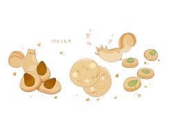 Rule 34 | almond, animal, chai (drawingchisanne), commentary request, cookie, crumbs, english text, food, food focus, heart, highres, looking at viewer, no humans, original, sitting on food, smile, squirrel, sweets, white background