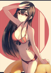 Rule 34 | 1girl, arm up, ass, bad id, bad pixiv id, bare arms, bikini, black hair, breasts, cleavage, hadean92, highres, light smile, long hair, looking at viewer, md5 mismatch, navel, original, red eyes, revision, simple background, solo, striped, striped background, swimsuit