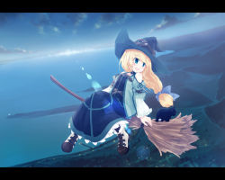 Rule 34 | 1girl, :d, bare shoulders, belt, black cat, blonde hair, blue eyes, boots, broom, broom riding, cat, dress, fantasy, from above, hat, landscape, lens flare, letterboxed, long hair, low-tied long hair, ocean, open mouth, original, sky, smile, solo, sunrise, wallpaper, witch, witch hat, yukitarou (awamori)