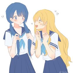Rule 34 | 2girls, 7026jaja, alternate hairstyle, aoi (ado), blonde hair, blue eyes, blue hair, blue neckerchief, blue sailor collar, blue skirt, blush, chinese commentary, cloud nine inc, commentary request, hairstyle switch, hands up, highres, himawari (ado), hinata (ado), long hair, looking at another, low twintails, multiple girls, neckerchief, open mouth, parted lips, pleated skirt, sailor collar, school uniform, serafuku, shirt, short sleeves, skirt, teeth, twintails, twitter username, upper body, upper teeth only, white background, white shirt