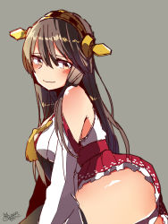 Rule 34 | 10s, 1girl, bare shoulders, black hair, blush, brown eyes, detached sleeves, grey background, haruna (kancolle), headgear, kantai collection, long hair, looking at viewer, naughty face, nontraditional miko, oomori (kswmr), panties, signature, solo, underwear, white panties