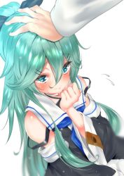 Rule 34 | 10s, 1girl, aqua eyes, aqua hair, arm at side, bare shoulders, blush, clenched hand, commentary request, criss-cross halter, detached collar, detached sleeves, from above, hair between eyes, hair ornament, hair ribbon, hairclip, halterneck, headpat, kantai collection, lips, long hair, looking at viewer, looking up, out of frame, parted bangs, ponytail, ribbon, satou pikuta, solo focus, wide sleeves, yamakaze (kancolle)