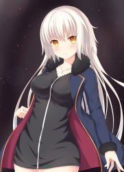 Rule 34 | 1girl, bad id, bad pixiv id, blonde hair, blush, breasts, cowboy shot, fate/grand order, fate (series), fur-trimmed collar, fur-trimmed sleeves, fur collar, fur trim, highres, jacket, jeanne d&#039;arc (fate), jeanne d&#039;arc alter (fate), jeanne d&#039;arc alter (ver. shinjuku 1999) (fate), jewelry, long hair, necklace, official alternate costume, solo, tenpyou no kitsune, thighs, yellow eyes