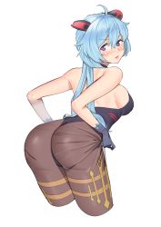 Rule 34 | 1girl, absurdres, ahoge, artist request, ass, bare shoulders, blue hair, blush, bodysuit, breasts, clothes pull, from behind, ganyu (genshin impact), genshin impact, gloves, highres, horns, huge ass, large breasts, leotard, long hair, looking back, looking down, pantyhose, pantyhose pull, shiny clothes, shiny skin, sideboob, smile, solo, very long hair
