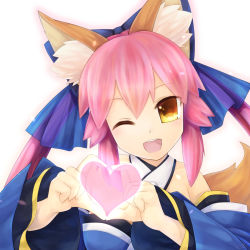Rule 34 | 10s, 1girl, animal ears, bare shoulders, bow, breasts, cleavage, detached sleeves, fate/extra, fate (series), fox ears, fox tail, hair bow, hair ribbon, heart, heart hands, japanese clothes, long hair, one eye closed, open mouth, pink hair, ribbon, semi (delcatty), simple background, solo, tail, tamamo no mae (fate/extra), twintails, white background, yellow eyes