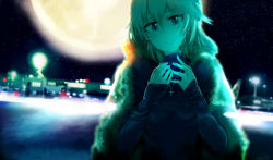 Rule 34 | 1girl, anastasia (idolmaster), bloom, blue eyes, blue sweater, blurry, city lights, coat, cross, cross necklace, depth of field, earrings, fur coat, glowing, hands on own chest, hands up, highres, huge moon, idolmaster, idolmaster cinderella girls, jewelry, moon, necklace, sky, sleeves past wrists, snow, solo, star (sky), starry sky, sweater, white hair, yoshioka yoshiko
