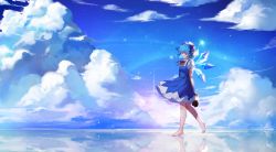Rule 34 | 1girl, absurdres, arms behind back, artist name, barefoot, blue bow, blue dress, blue eyes, blue hair, blue sky, bow, brown footwear, budinger, cirno, closed mouth, cloud, cloudy sky, collared shirt, day, dress, dress shirt, frozen lake, full body, hair bow, hair ornament, highres, holding, holding shoes, ice, ice wings, legs apart, light smile, looking at viewer, matching hair/eyes, neck ribbon, red ribbon, ribbon, scenery, shirt, shoes, unworn shoes, shooting star, short dress, short hair, short sleeves, sky, sleeveless, sleeveless dress, solo, standing, star (sky), starry sky, touhou, vest, walking, water, water world, white shirt, wide shot, wing collar, wings