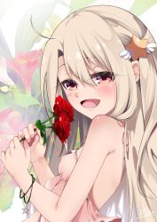 Rule 34 | 1girl, back cutout, bare shoulders, blonde hair, blush, clothing cutout, dress, fate/kaleid liner prisma illya, fate (series), flower, from side, hair between eyes, highres, illyasviel von einzbern, long hair, magical ruby, open mouth, pei iriya, red eyes, smile, solo