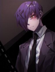 Rule 34 | 1boy, black jacket, black necktie, brown eyes, closed mouth, collared shirt, commentary, english commentary, frown, hair over one eye, highres, jacket, library of ruina, light particles, male focus, necktie, open clothes, open jacket, project moon, purple hair, shirt, short hair, solo, solo a, white shirt, yesod (project moon)