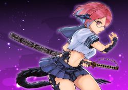 Rule 34 | 1girl, absurdres, au ra, warrior of light (ff14), battoujutsu stance, blue hair, blue sailor collar, blue skirt, braid, colored inner hair, commission, crown braid, fighting stance, final fantasy, final fantasy xiv, glasses, highres, holding, holding sword, holding weapon, horns, katana, komota (kanyou shoujo), looking at viewer, miniskirt, multicolored hair, parted lips, pink hair, pleated skirt, purple background, ready to draw, sailor collar, scabbard, scales, school uniform, semi-rimless eyewear, serafuku, sheath, shirt, short sleeves, skeb commission, skirt, solo, sword, tail, two-tone hair, under-rim eyewear, unsheathing, weapon, white shirt