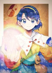 Rule 34 | 1girl, belt, blue eyes, blue hair, cape, closed mouth, dress, hair between eyes, hairband, highres, itomugi-kun, looking at viewer, multicolored clothes, multicolored dress, multicolored hairband, patchwork clothes, rainbow gradient, red button, short hair, sky print, smile, tenkyuu chimata, touhou, two-sided cape, two-sided fabric, white cape
