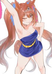 Rule 34 | 1girl, animal ears, arm up, armpits, bare shoulders, blue dress, blush, breasts, brown hair, cleavage, closed mouth, collarbone, daiwa scarlet (umamusume), dress, fang, fang out, feet out of frame, hair intakes, hand on own hip, highres, horse ears, horse girl, horse tail, lips, long hair, looking at viewer, medium breasts, one eye closed, red eyes, sarachi (sara dayluv), short dress, simple background, skin fang, solo, standing, strapless, strapless dress, tail, tiara, twintails, umamusume, umayuru, v-shaped eyebrows, very long hair, white background