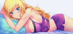 Rule 34 | 1girl, ass, bare shoulders, bed sheet, blonde hair, blush, breasts, camisole, cleavage, closed mouth, crop top, detached sleeves, duplicate, floating hair, hugging object, idolmaster, idolmaster cinderella girls, lace-trimmed camisole, lace trim, looking to the side, lying, medium breasts, midriff, ohtsuki yui, on stomach, pillow, pillow hug, purple camisole, purple shorts, shiyu (hagiwara shiyu), shorts, sideboob, simple background, smile, solo, thighs, underwear, underwear only, white background