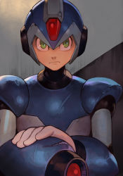 Rule 34 | 1boy, android, arm cannon, arm mounted weapon, armor, cannon, capcom, crack, green eyes, helmet, hungry clicker, male focus, mega man (series), x (mega man), mega man x (series), scuffed, solo, upper body, weapon