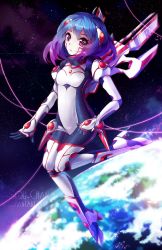 Rule 34 | 1girl, alpha (acerailgun), android, blue hair, borrowed character, flat chest, flying, full body, highres, original, pink eyes, planet, solo, space, squchan, watermark, web address