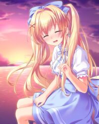Rule 34 | 1girl, back bow, blonde hair, blue bow, blue ribbon, blue skirt, blush, bow, clenched hand, commentary, crying, eyes visible through hair, facing viewer, floating hair, frilled shirt, frilled sleeves, frills, from side, hair between eyes, hair bow, hair intakes, hair ornament, hand up, high-waist skirt, long hair, lower teeth only, neck ribbon, nose blush, ocean, open mouth, otou (otou san), pinky out, puffy short sleeves, puffy sleeves, purple sky, ribbon, sad smile, shirt, short sleeves, sitting, skirt, skirt tug, sky, smile, solo, spoilers, summer pockets, sunset, teeth, tsumugi wenders, twintails, very long hair, white shirt, x hair ornament