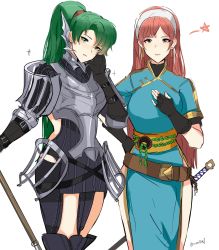 Rule 34 | 2girls, absurdres, armor, breastplate, cherche (fire emblem), cosplay, costume switch, fire emblem, fire emblem: the blazing blade, fire emblem awakening, fire emblem heroes, gauntlets, green eyes, green hair, highres, holding, holding weapon, long hair, looking at viewer, lyn (fire emblem), multiple girls, nintendo, pauldrons, red hair, shoulder armor, simple background, smile, sword, thighhighs, weapon, white background