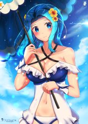 Rule 34 | 1girl, absurdres, alternate costume, artist logo, artist name, bad id, bad pixiv id, bare shoulders, blue eyes, blue hair, blush, breasts, chinchongcha, cleavage, cloud, cloudy sky, cowboy shot, criss-cross halter, day, fiora (fire emblem), fiora (summer) (fire emblem), fire emblem, fire emblem: the blazing blade, fire emblem heroes, flower, frilled swimsuit, frills, hair flower, hair ornament, halterneck, headband, highres, looking at viewer, medium breasts, medium hair, midriff, navel, nintendo, outdoors, parasol, parted bangs, sky, smile, solo, swimsuit, umbrella, wet, wrist cuffs