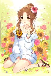 Rule 34 | 10s, 1girl, apring, bad id, bad pixiv id, bare shoulders, between legs, blush, brown hair, dress, flower, hair flower, hair ornament, hair scrunchie, hand between legs, hand up, idolmaster, idolmaster cinderella girls, jewelry, light smile, looking at viewer, necklace, off shoulder, parted lips, pink flower, pink rose, ponytail, rose, scrunchie, sitting, solo, sunflower, sweater, sweater dress, takamori aiko, wariza, wavy hair