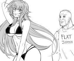 Rule 34 | 1boy, 1girl, bb (baalbuddy), beard, biceps, bikini, breasts, cleavage, commentary, coomer (meme), english commentary, facial hair, greyscale, hand up, high school dxd, highres, large breasts, long hair, looking at viewer, meme, monochrome, multi-strapped bikini, muscular, muscular male, navel, rias gremory, shirt, simple background, smile, swimsuit, underboob, very long hair, white background