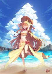 Rule 34 | 1girl, :d, absurdres, animal ears, arms up, beach, bikini, blue sky, breasts, brown hair, cloud, cloudy sky, commentary request, day, closed eyes, full body, hat, highres, horse ears, horse girl, horse tail, long hair, mayano top gun (umamusume), medium breasts, navel, open mouth, outdoors, sarong, sky, smile, solo, standing, standing on one leg, starfish, straw hat, sun hat, swimsuit, tail, two side up, ugwa, umamusume, very long hair, water, yellow bikini