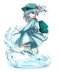 Rule 34 | 1girl, backpack, bag, blue eyes, blue hair, female focus, hair bobbles, hair ornament, hat, kawashiro nitori, key, matching hair/eyes, one eye closed, open mouth, oumi hi, short hair, smile, solo, touhou, twintails, two side up, water, wink