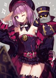 Rule 34 | 1girl, ;q, bad id, bad pixiv id, bare shoulders, belt, beret, black coat, black skirt, black thighhighs, blurry, blush, breasts, chocoan, coat, corset, cowboy shot, depth of field, detached collar, fate/grand order, fate (series), frilled sleeves, frills, grey background, hat, helena blavatsky (fate), helena blavatsky (third ascension) (fate), looking at viewer, miniskirt, one eye closed, purple eyes, purple hair, ribbon, salute, skirt, small breasts, solo, sparkle, thighhighs, thighs, tongue, tongue out, white ribbon