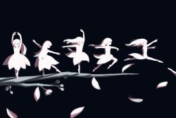 Rule 34 | 1girl, avogado6, ballet, black background, cherry blossoms, commentary, dancing, closed eyes, jumping, long hair, original, outstretched arms, personification, petals, shoes, twig