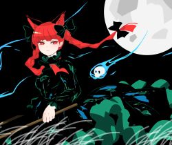 Rule 34 | 1girl, animal ear fluff, animal ears, blue fire, blunt bangs, bow, braid, cat ears, closed mouth, dark, dress, expressionless, feet out of frame, fire, flaming skull, floating hair, floating skull, full moon, grass, green dress, hair bow, hair ribbon, highres, hitodama, holding, juliet sleeves, kaenbyou rin, light blush, limited palette, long hair, long sleeves, looking to the side, moon, night, night sky, outdoors, puffy sleeves, red eyes, red hair, ribbon, sky, solo, standing, tora army, touhou, tress ribbon, twin braids, twintails, wheelbarrow