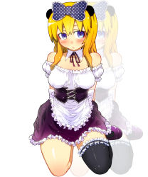 Rule 34 | 1girl, animal ears, arms behind back, bare shoulders, blonde hair, blush, bow, colorized, detached collar, dress, haine (howling), hair bow, hen zemi, highres, lolita fashion, long hair, makiko gregory, panda ears, polka dot, purple eyes, seiza, single thighhigh, sitting, solo, thighhighs, ykm13, zoom layer