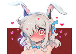 Rule 34 | 1girl, alternate costume, animal ears, blush, bow, bowtie, breasts, cleavage, detached collar, fake animal ears, green bow, green bowtie, green ribbon, grey hair, hair over one eye, heart, heart in eye, helltaker, horns, large breasts, looking at viewer, medium hair, modeus (helltaker), mole, mole on breast, phantom ix row, rabbit ears, red eyes, ribbon, simple background, solo, symbol in eye